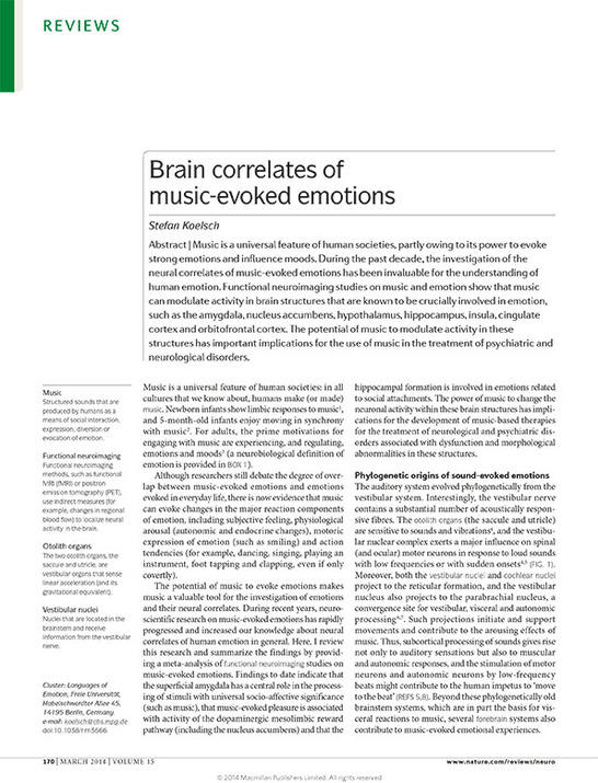 Koelsch, S.  (2014): Brain correlates of music-evoked emotions Nature Reviews Neuroscience 15, 170–180, doi:10.1038/nrn3666